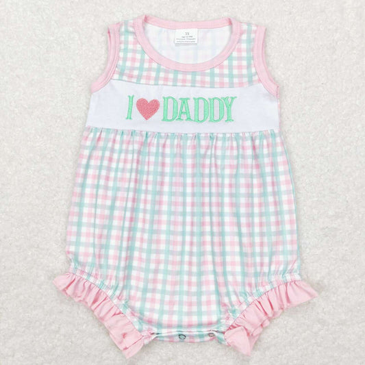 SR0713  I LOVE DADDY Embroidery Plaid Print Baby Girls Summer Romper