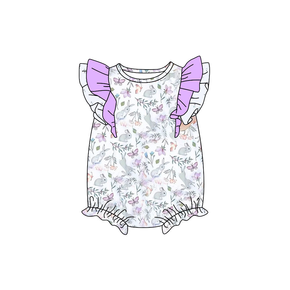 (Pre-order)SR0754  Bunny Flowers Butterfly Print Baby Girls Romper