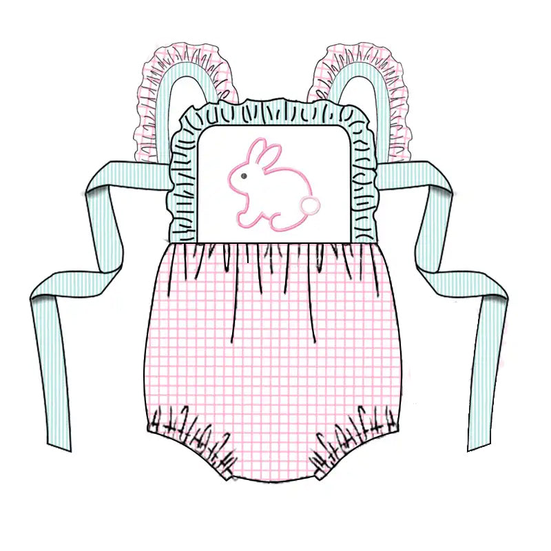 (Pre-order)SR0762 Bunny Pink Plaid Print Baby Girls Easter Romper