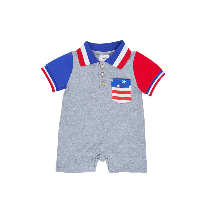 (Pre-order)SR0764 Star Stripes Print Baby Boys 4th of July Romper