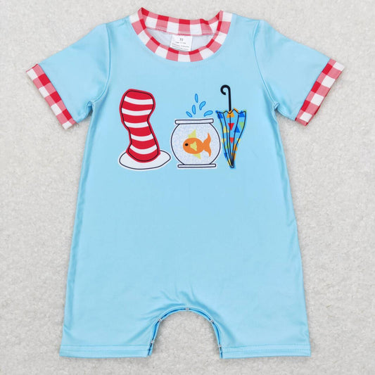 SR0767 Hat Fish Umbrella Dr.Reading Print Baby Boys Summer Romper