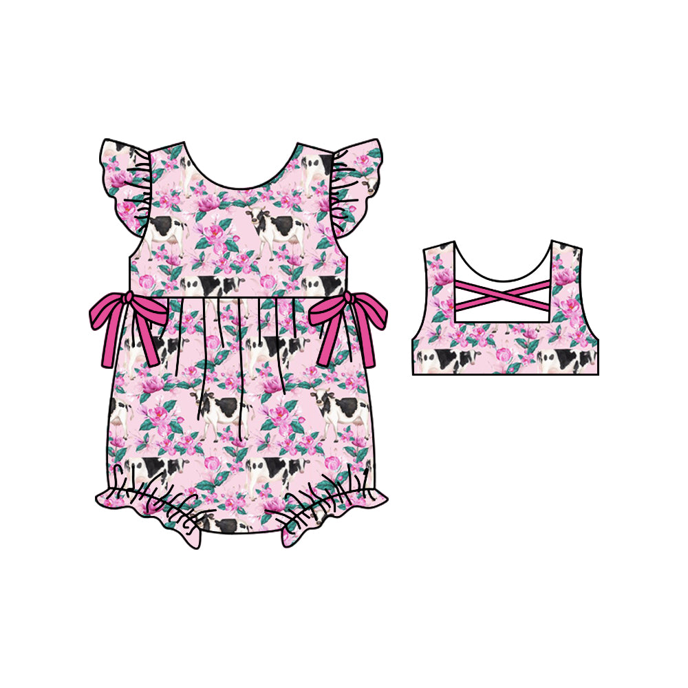 (Pre-order)SR0768 Pink Flowers Cow Print Baby Girls Summer Romper