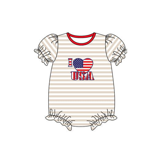 (Pre-order)SR0775 I LOVE USA Heart Flag Print Baby Girls 4th of July Romper