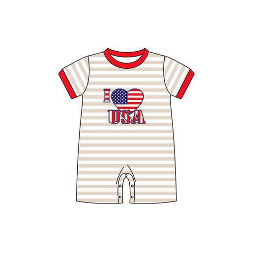 (Pre-order)SR0776 I LOVE USA Heart Flag Print Baby Boys 4th of July Romper