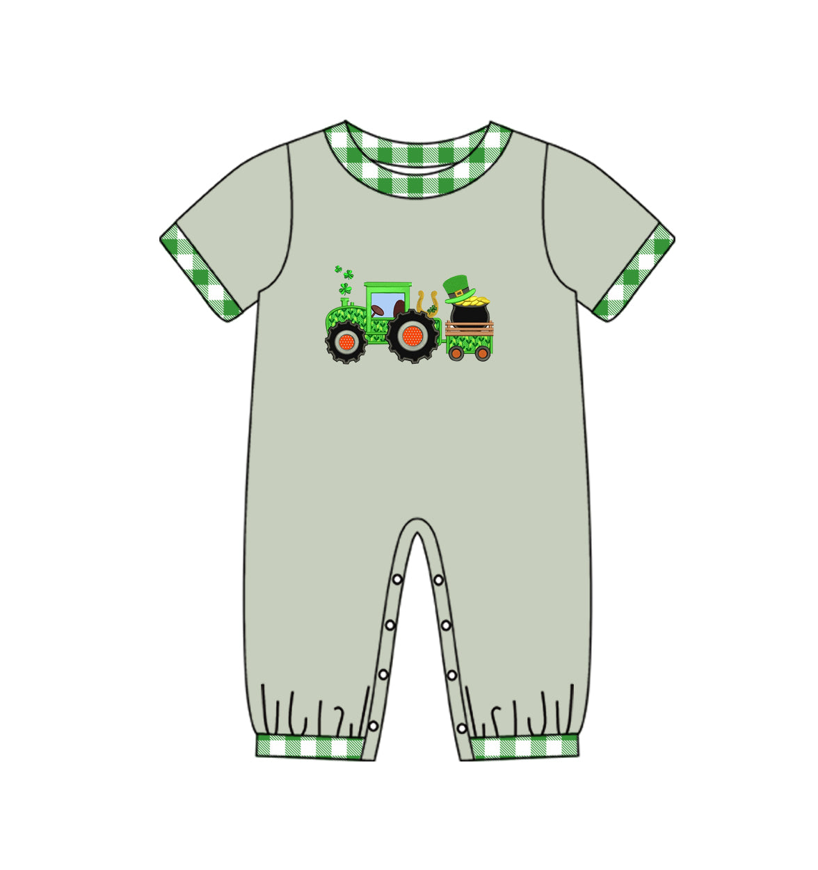 (Pre-order)SR0786 Quatrefoil Tractors Grey Baby Boys St. Patrick's Romper