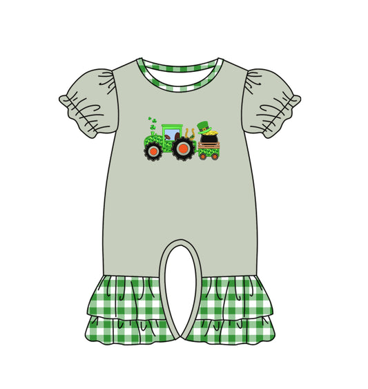 (Pre-order)SR0787 Quatrefoil Tractors Grey Baby Girls St. Patrick's Romper