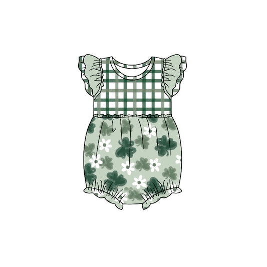 (Pre-order)SR0790 Dark Green Quatrefoil Baby Girls St. Patrick's Romper