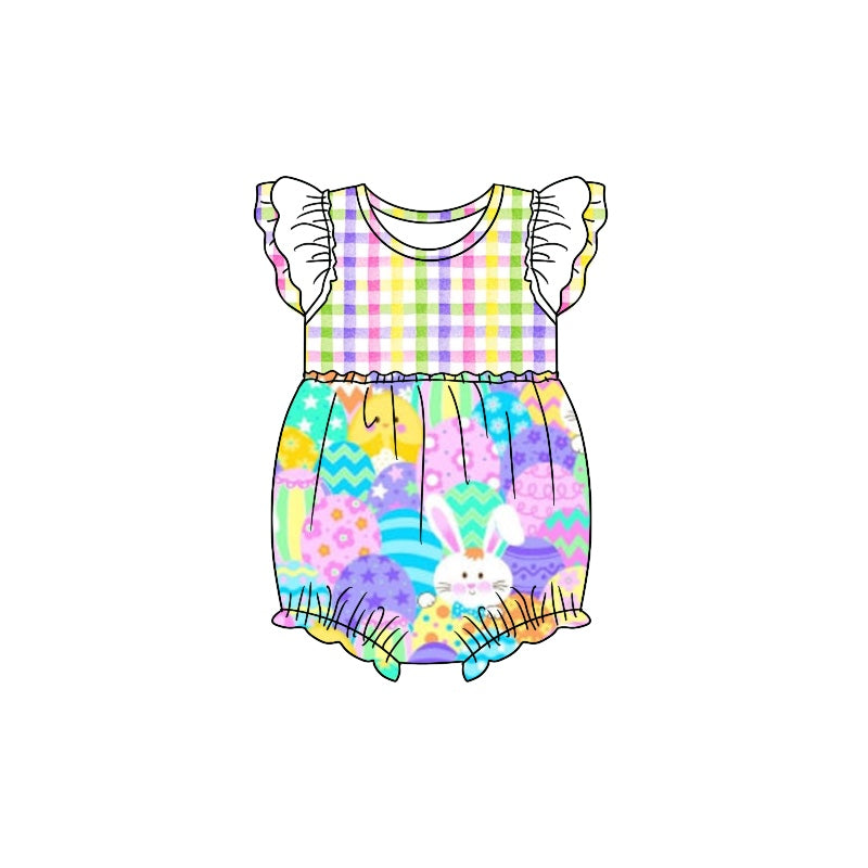 (Pre-order)SR0803 Bunny Eggs Colorful Checkered Print Baby Girls Easter Romper