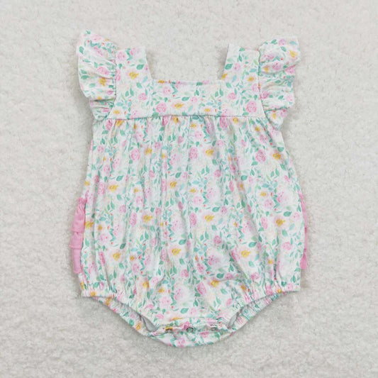 SR0805 Pink Flowers Print Baby Girls Bubble Romper