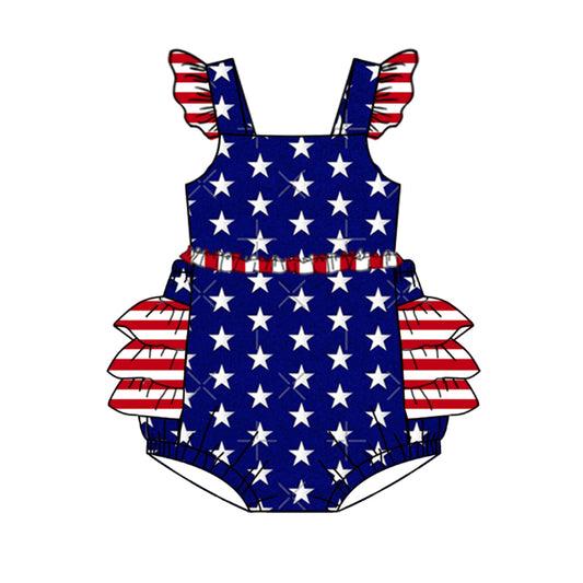 (Pre-order)SR0812 Navy Star Print Baby Girls 4th of July Bubble Romper