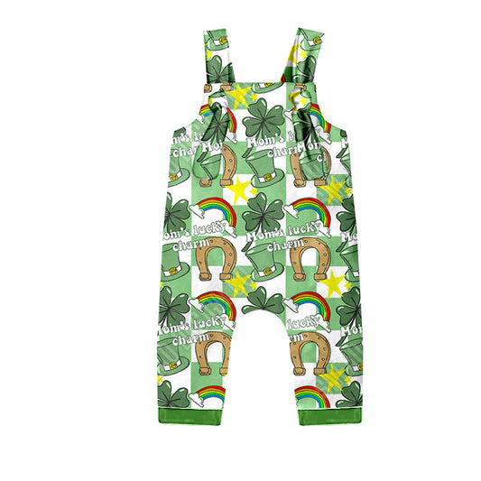 (Pre-order)SR0815 Mom's Lucky Charm Green Quatrefoil Print Baby Boys St. Patrick's Romper