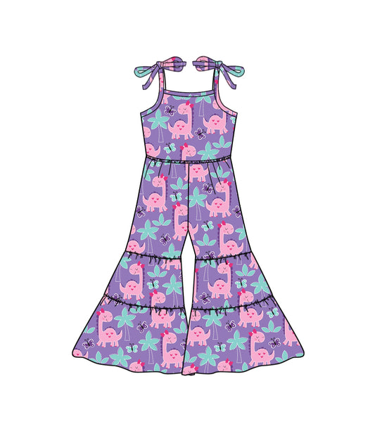 (Pre-order)SR0819 Cute Purple Dino Print Girls Straps Jumpsuit