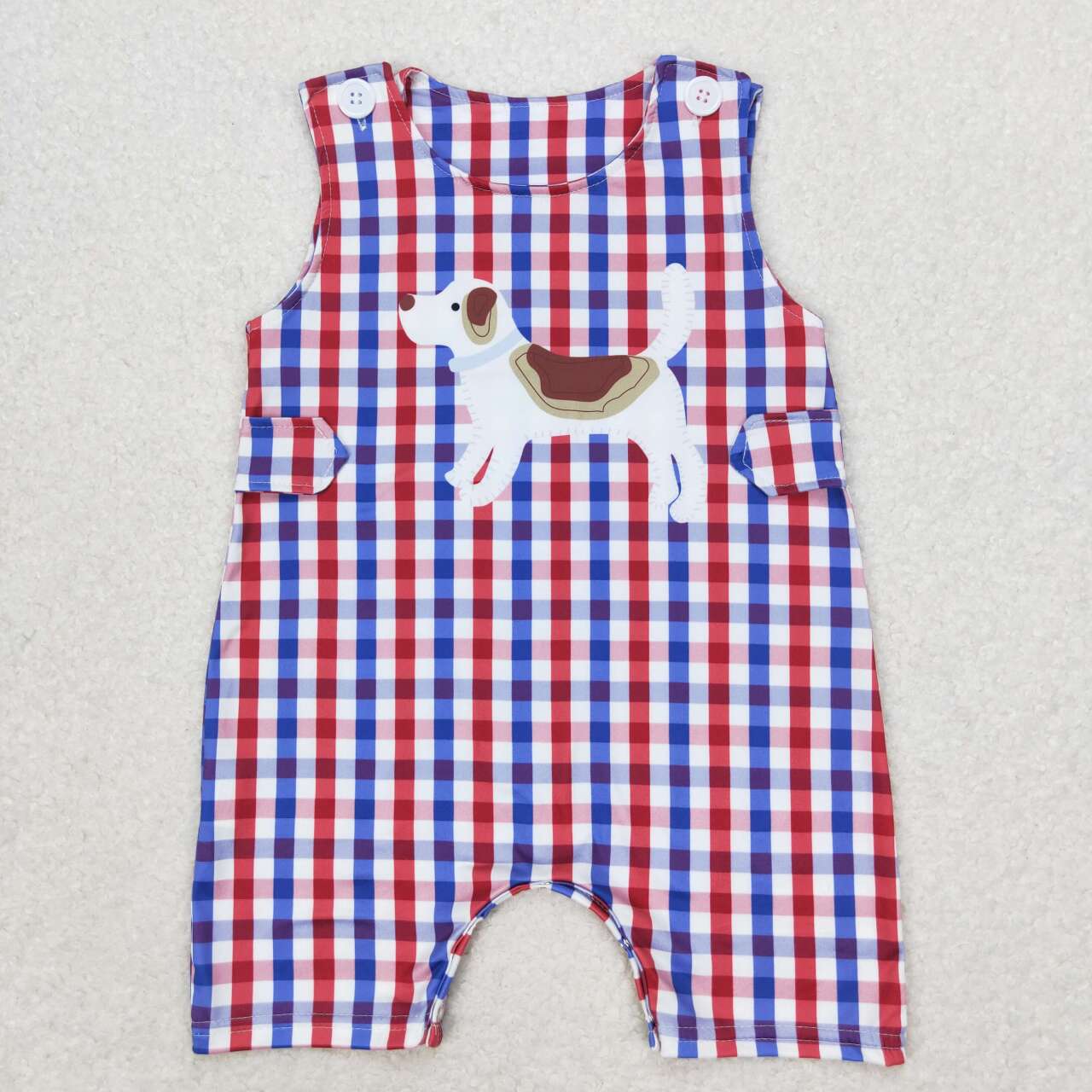 SR0821 Dog Blue Red Plaid Print Baby Boys Summer Romper