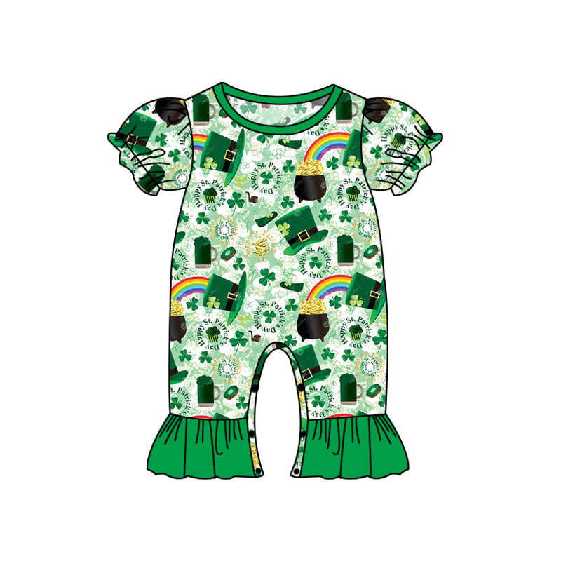 (Pre-order)SR0828 Green Quatrefoil Hat Gold Print Baby Girls St. Patrick's Romper