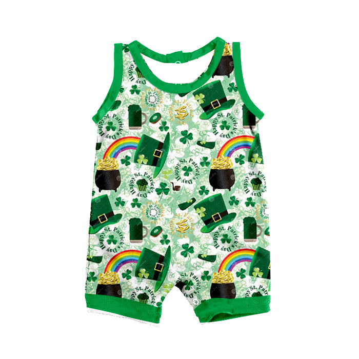 (Pre-order)SR0829 Green Quatrefoil Hat Gold Print Baby Boys St. Patrick's Romper