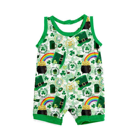 (Pre-order)SR0829 Green Quatrefoil Hat Gold Print Baby Boys St. Patrick's Romper