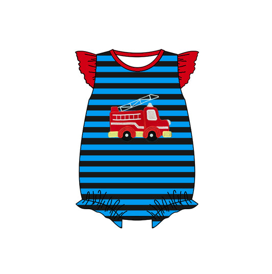 (Pre-order)SR0835 Blue Stripes Fire Truck Print Baby Girls Summer Romper