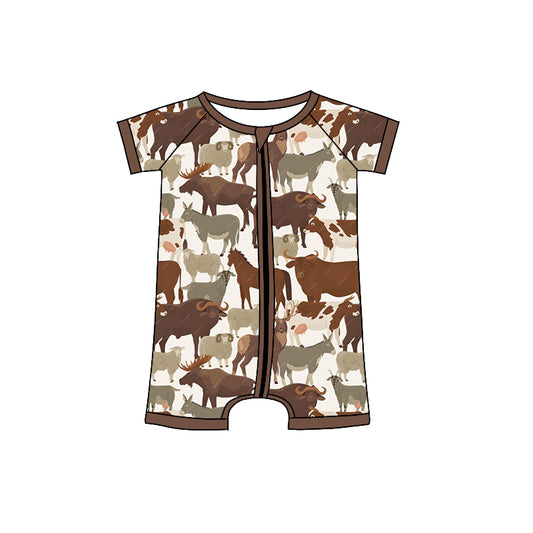 (Pre-order)SR0840 Brown Animals Print Baby Boys Zipper Romper