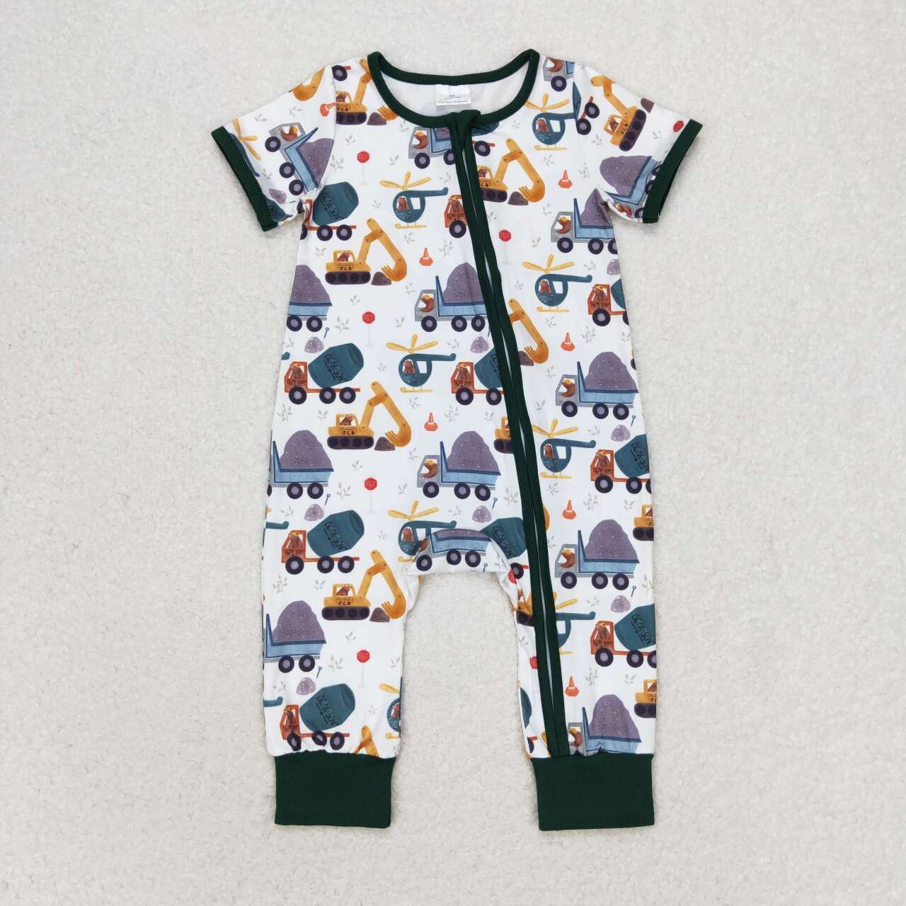 SR0850  Construction Print Baby Boys Zipper Romper