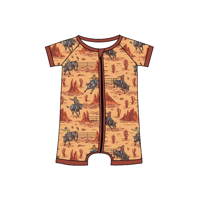 (Pre-order)SR0855  Brown Cowboy Print Baby Boys Zipper Romper