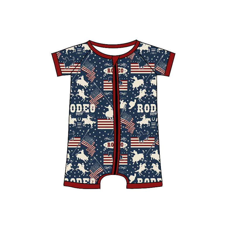 (Pre-order)SR0869  Flag Rodeo Print Baby Boys 4th of July Zipper Romper