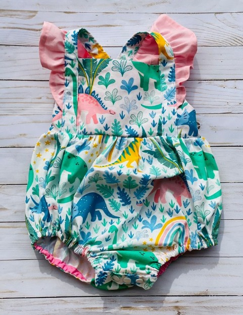 (Pre-order)SR0880  Dino Flowers Print Baby Girls Summer Romper