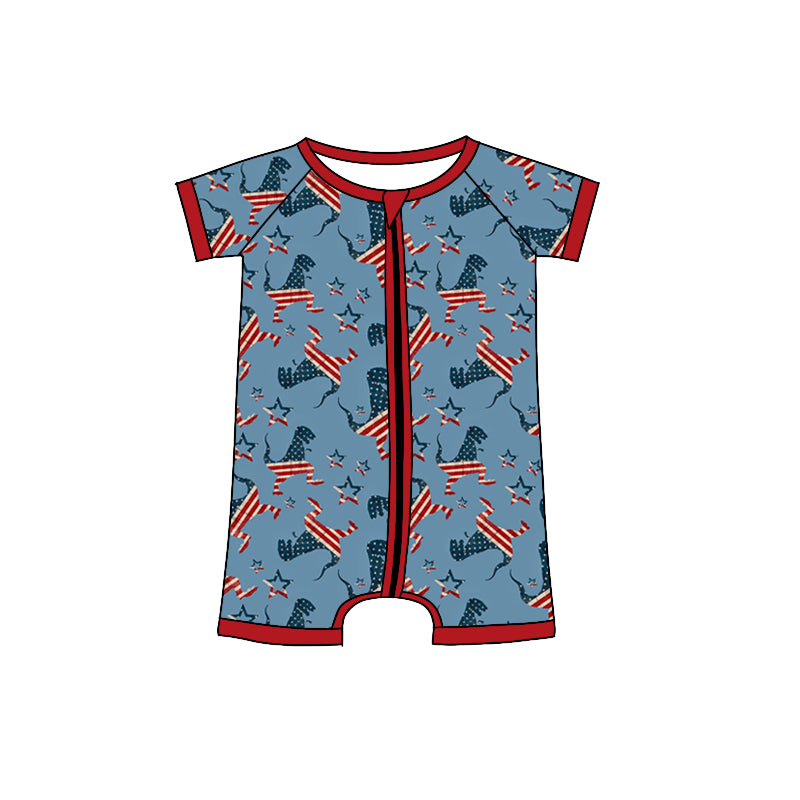 (Pre-order)SR0889 Dino Flag Print Baby Boys 4th of July Zipper Romper