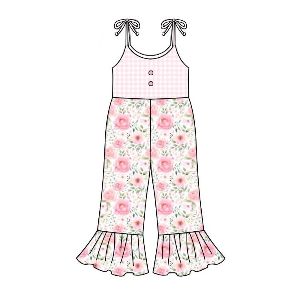 (Pre-order)SR0898 Pink Flowers Print Girls Summer Jumpsuit