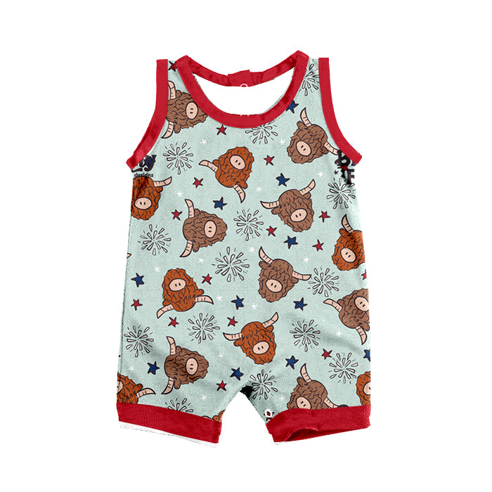 (Pre-order)SR0918 Highland Cow Star Print Baby Kids 4th of July Romper