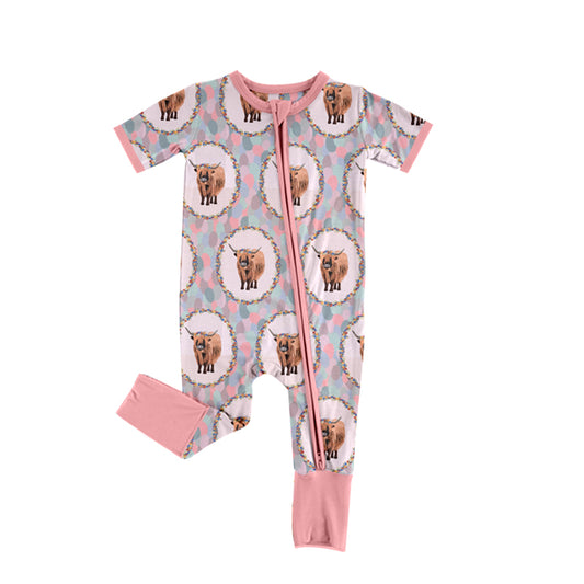 (Pre-order)SR0925 Highland Cow Pink Print Baby Girls Zipper Romper