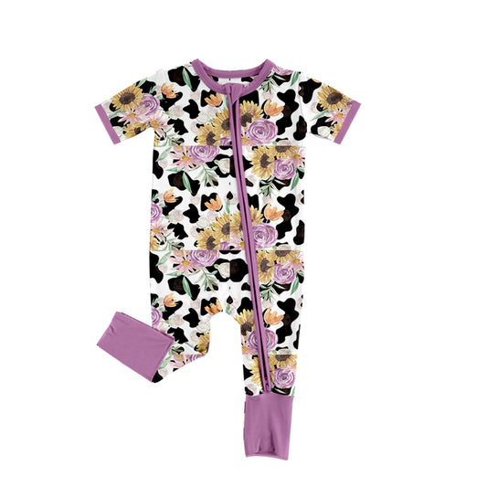 (Pre-order)SR0932 Purple Flowers Cow Print Baby Girls Summer Zipper Romper