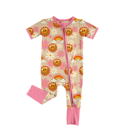 (Pre-order)SR0933 Flowers Smiling Face Rainbow Print Baby Girls Summer Zipper Romper