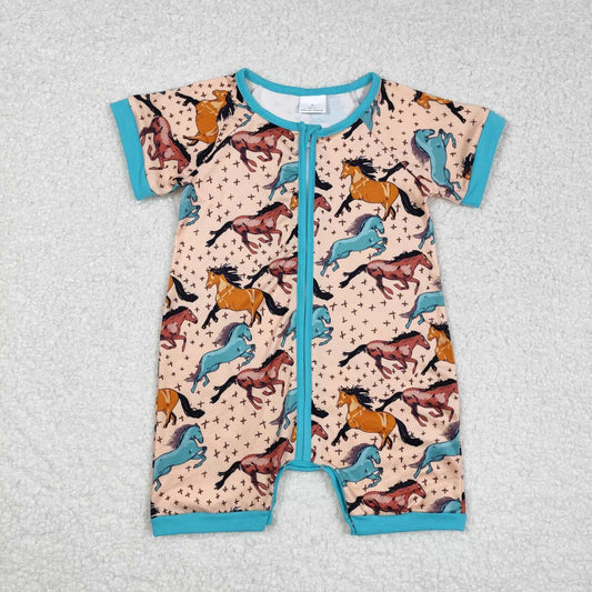 SR0934 Horse Print Baby Boys Summer Western Zipper Romper