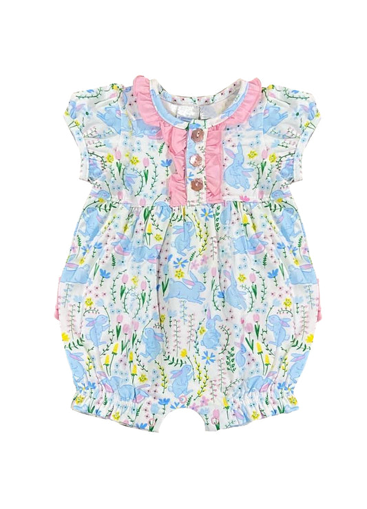 (Pre-order)SR0936 Blue Rabbits Flowers Print Baby Girls Easter Romper