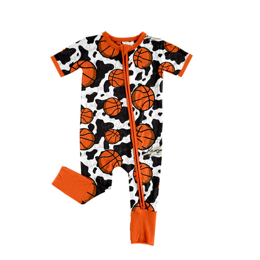 (Pre-order)SR0937 Basketball Cow Print Baby Kids Zipper Romper
