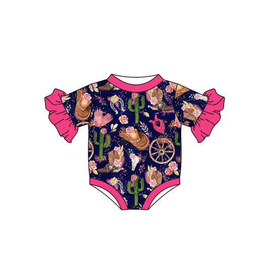 (Pre-order)SR0942 Cactus Boots Flowers Print Baby Girls Summer Romper