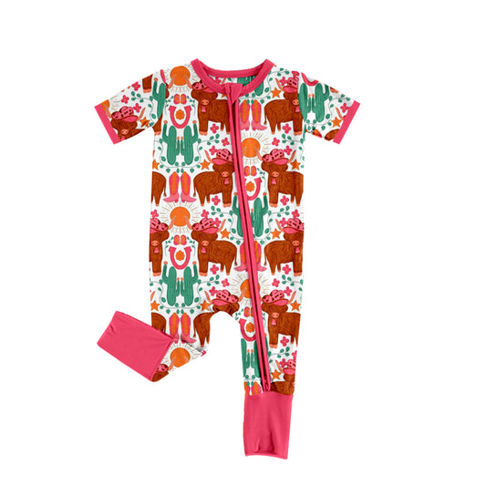(Pre-order)SR0949 Highland Cow Print Baby Girls Zipper Romper