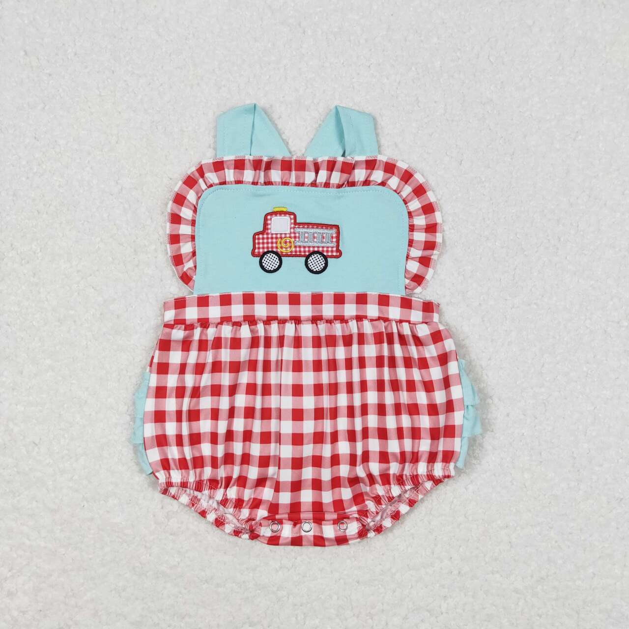 SR0958 Fire Engine Embroidery Red Plaid Baby Girls Summer Bubble Romper