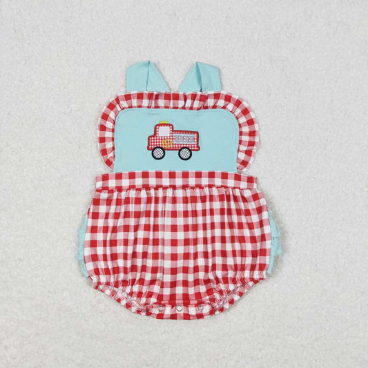 SR0958 Fire Engine Embroidery Red Plaid Baby Girls Summer Bubble Romper