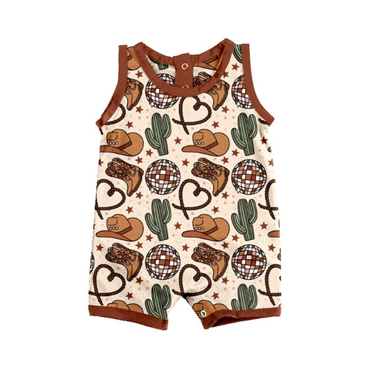 (Pre-order)SR0972 Brown Hat Boots Cactus Print Baby Kids Summer Romper