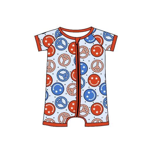 (Pre-order)SR0999  Smiling Face Print Baby Boys 4th of July Zipper Romper