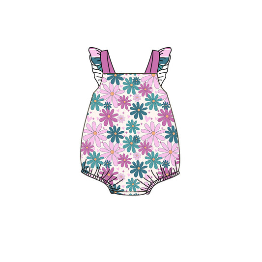 (Pre-order)SR1007 Purple Flowers Print Baby Girls Summer Romper