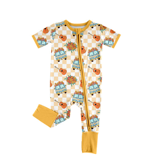 (Pre-order)SR1010 Bus Flowers Guitar Yellow Print Baby Girls Summer Zipper Romper