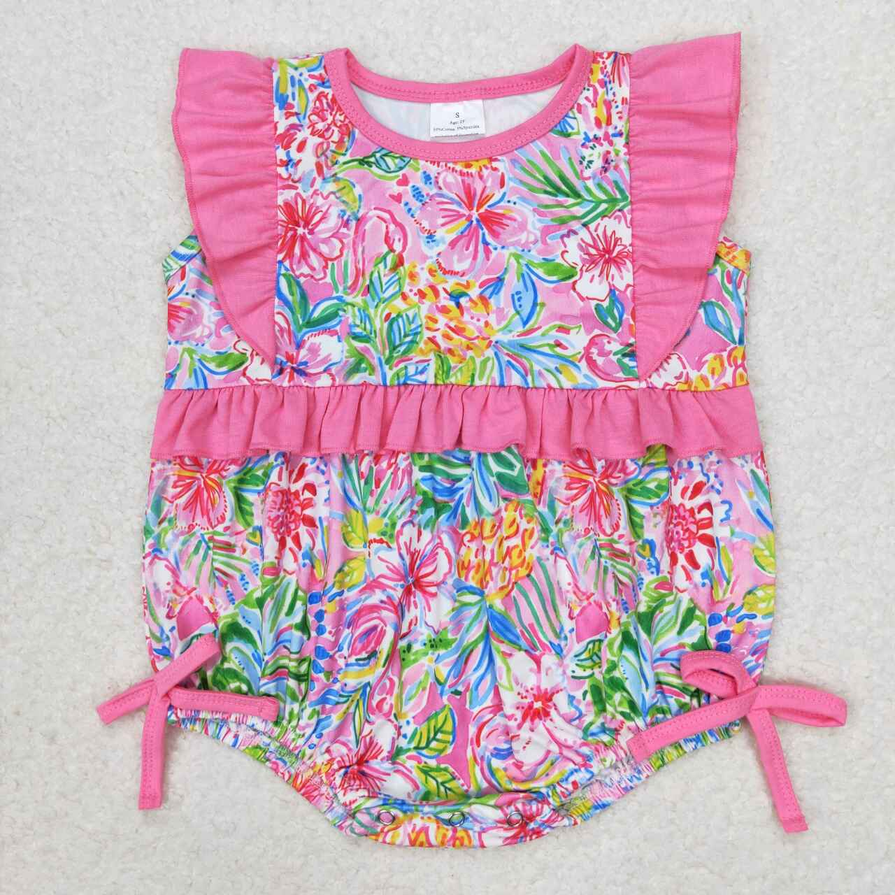 SR1036 Pink Flowers Print Baby Girls Summer Romper