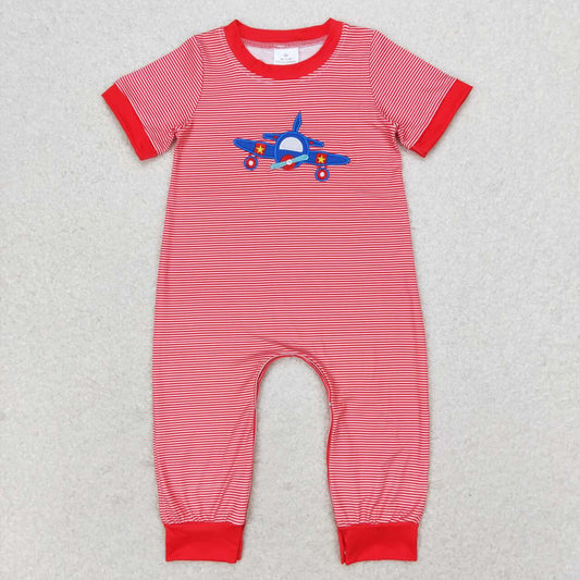 SR1043 Plane Embroidery Red Stripes Print Baby Boys Summer Romper