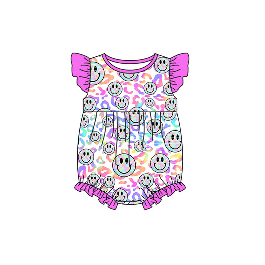 (Pre-order)SR1052 Colorful Leopard Smiling Face Print Baby Girls Summer Romper