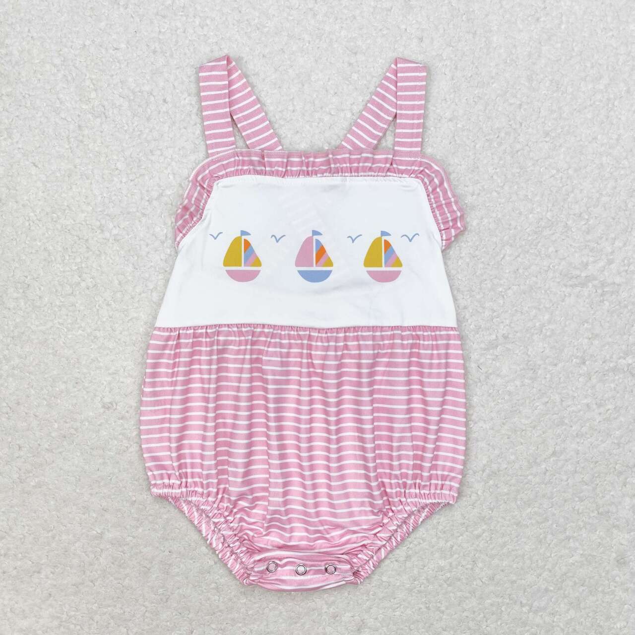 SR1058 Sailboat Pink Stripes Print Baby Girls Summer Romper