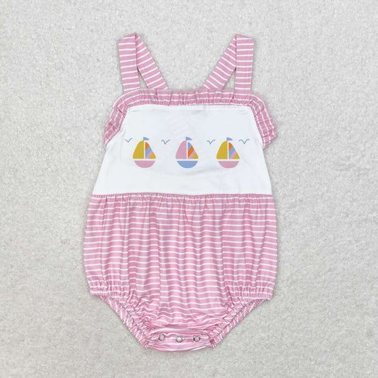 SR1058 Sailboat Pink Stripes Print Baby Girls Summer Romper