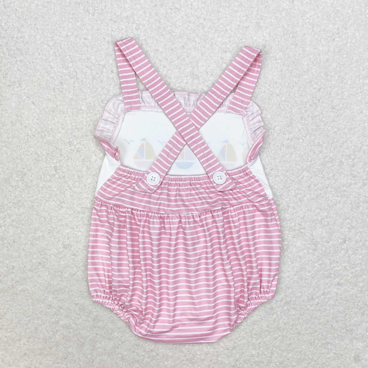 SR1058 Sailboat Pink Stripes Print Baby Girls Summer Romper