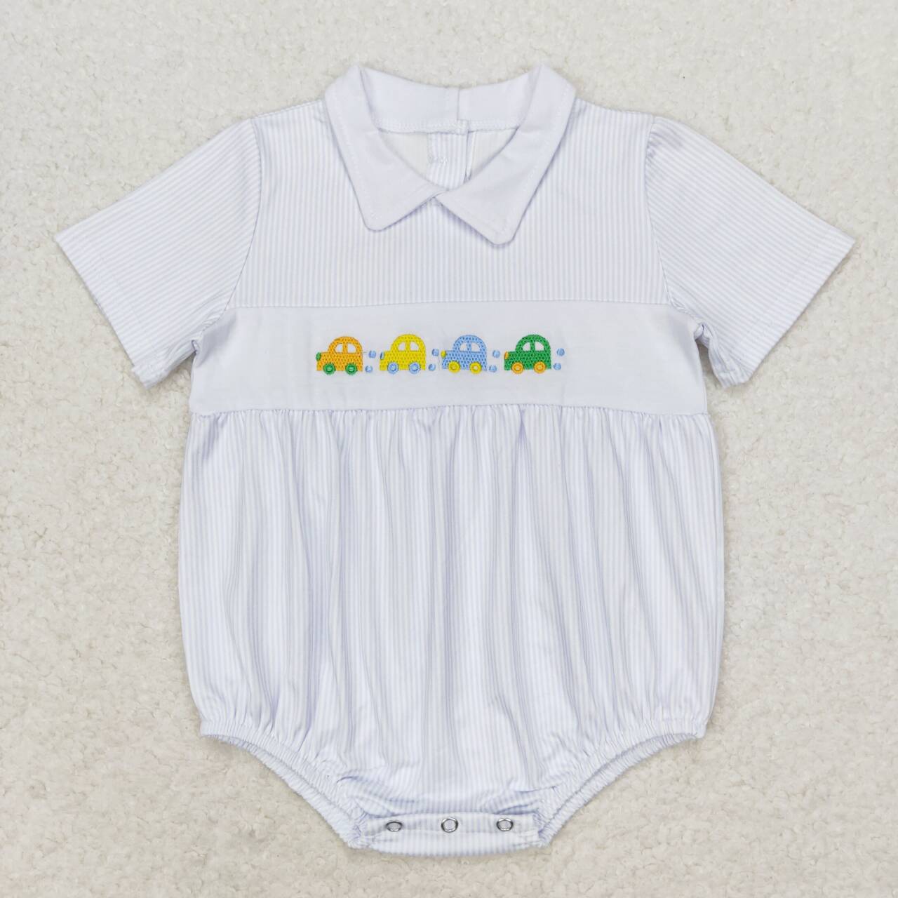 SR1077 Car Embroidery Stripes Print Baby Boys Summer Romper